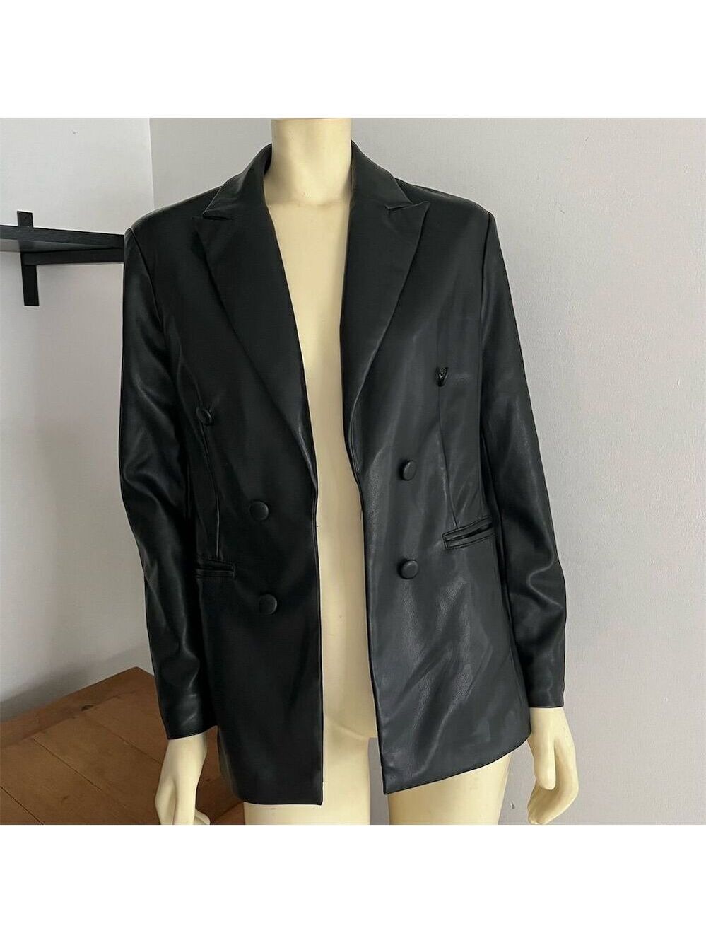 Bagatelle Women's Black Faux Leather Double-Breasted Blazer Jacket Coat Size S